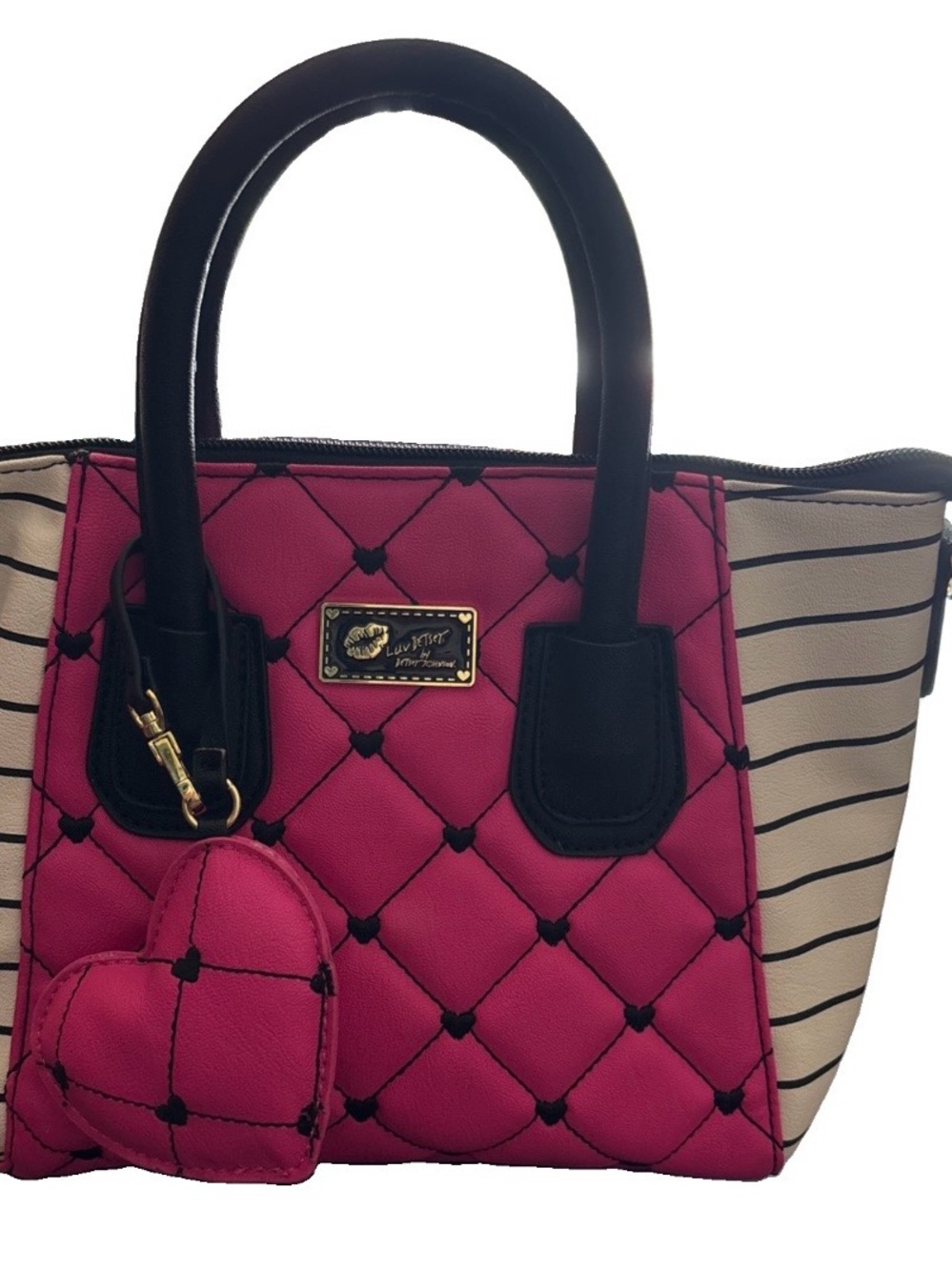 Luv Betsey by Betsey Johnson Pink White Quilted Heart Satchel Bag Faux Leather